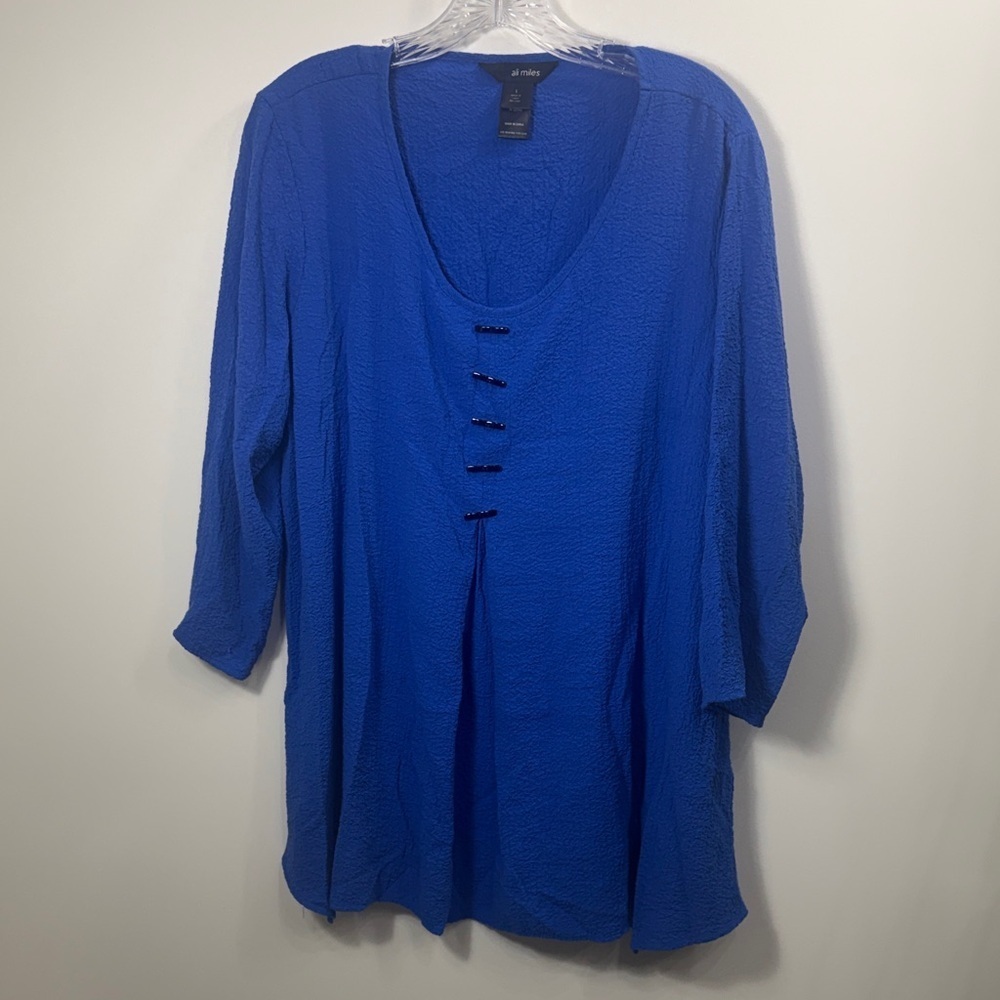 Ali Miles Blue textured woven scoop neck 3/4 sleeves tunic top size large